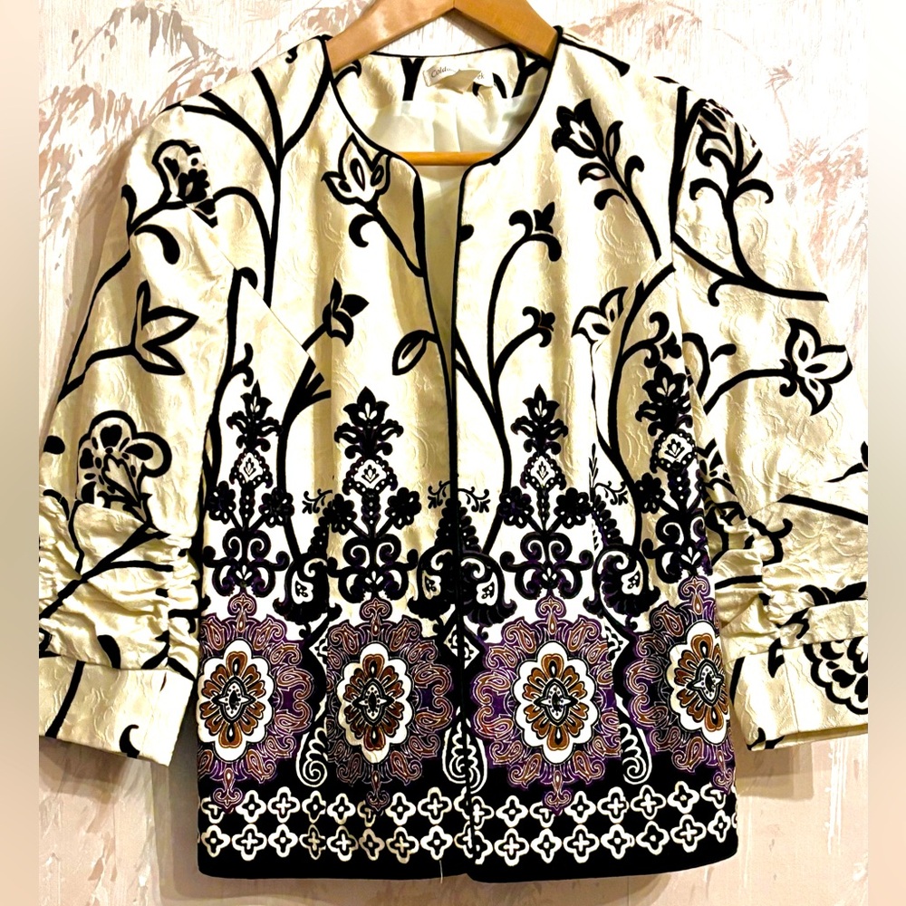 Coldwater Creek Damask Floral Jacquard Open Front Jacket Blazer Cream Black 6